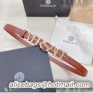 ​Well Crafted Versace Smooth Calfskin Belt 2cm with Crystal Signature 060146 Tan Brown/Gold