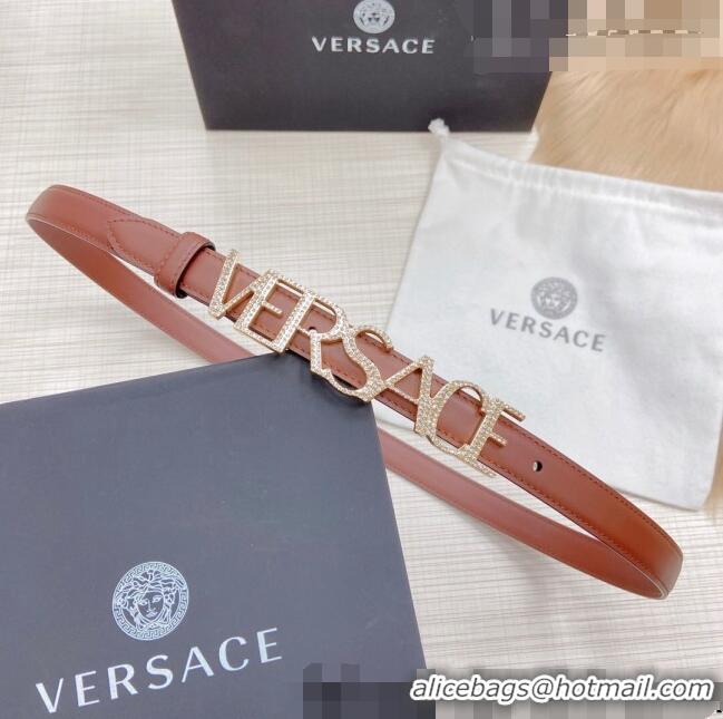 ​Well Crafted Versace Smooth Calfskin Belt 2cm with Crystal Signature 060146 Tan Brown/Gold