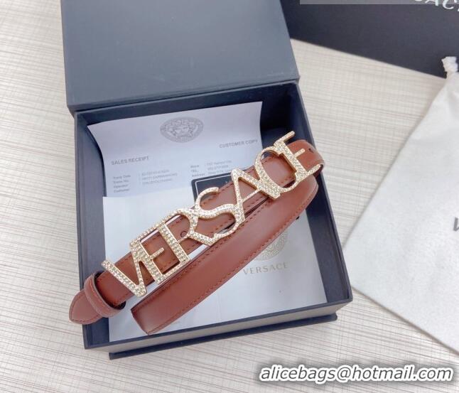 ​Well Crafted Versace Smooth Calfskin Belt 2cm with Crystal Signature 060146 Tan Brown/Gold