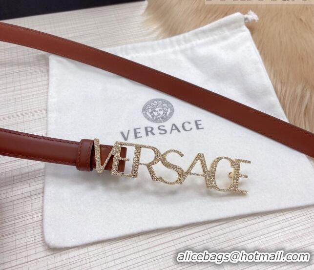 ​Well Crafted Versace Smooth Calfskin Belt 2cm with Crystal Signature 060146 Tan Brown/Gold