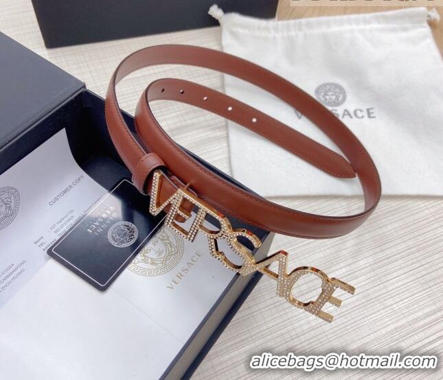 ​Well Crafted Versace Smooth Calfskin Belt 2cm with Crystal Signature 060146 Tan Brown/Gold