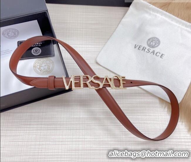 ​Well Crafted Versace Smooth Calfskin Belt 2cm with Crystal Signature 060146 Tan Brown/Gold