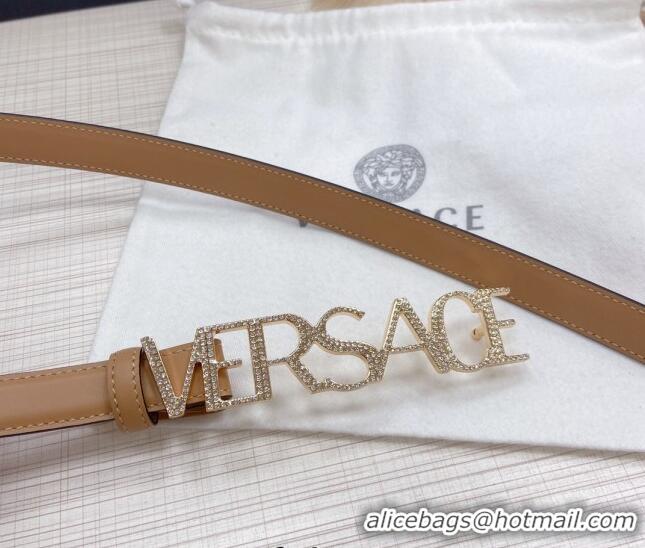 ​Top Design Versace Smooth Calfskin Belt 2cm with Crystal Signature 060147 Camel Brown