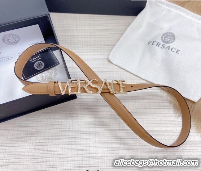 ​Top Design Versace Smooth Calfskin Belt 2cm with Crystal Signature 060147 Camel Brown