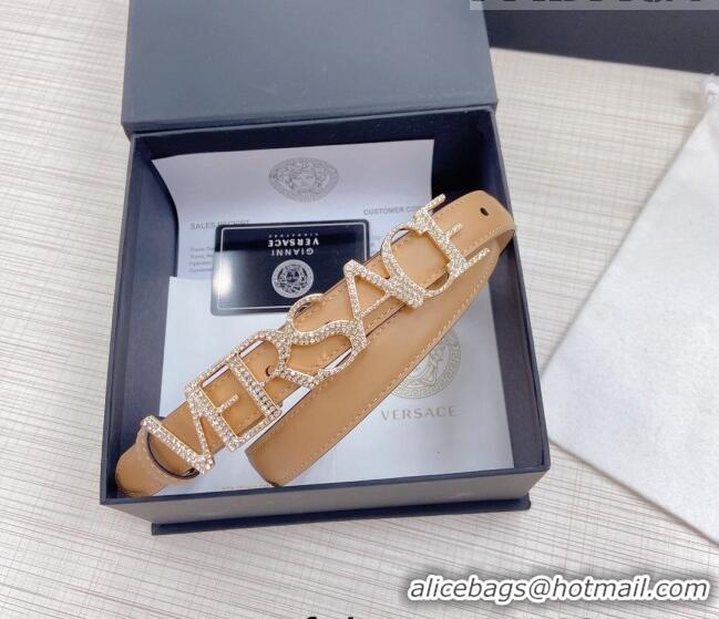 ​Top Design Versace Smooth Calfskin Belt 2cm with Crystal Signature 060147 Camel Brown