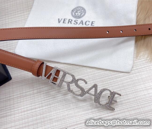 ​Discount Versace Smooth Calfskin Belt 2cm with Crystal Signature 060148 Tan Brown/Silver