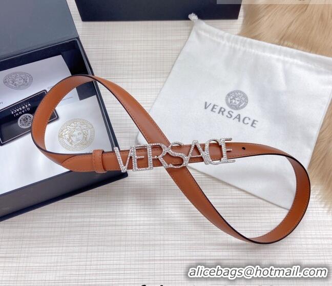 ​Discount Versace Smooth Calfskin Belt 2cm with Crystal Signature 060148 Tan Brown/Silver