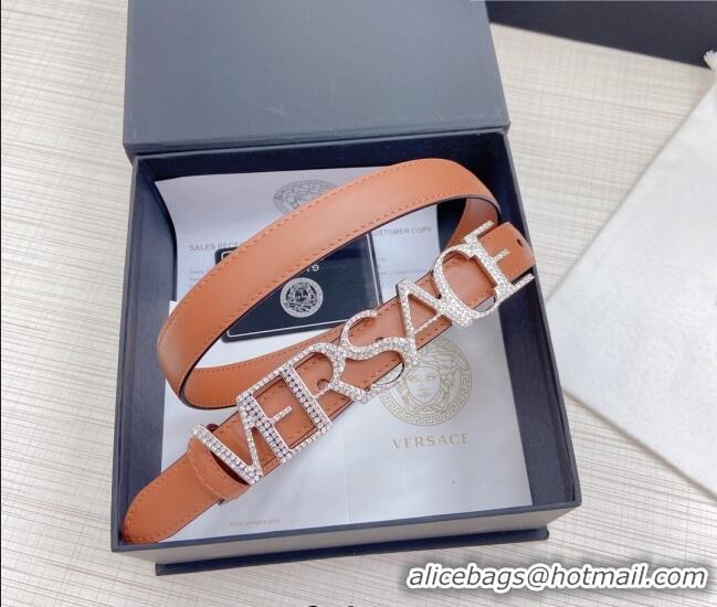 ​Discount Versace Smooth Calfskin Belt 2cm with Crystal Signature 060148 Tan Brown/Silver