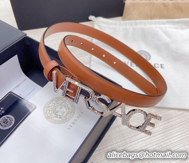 ​Discount Versace Smooth Calfskin Belt 2cm with Crystal Signature 060148 Tan Brown/Silver