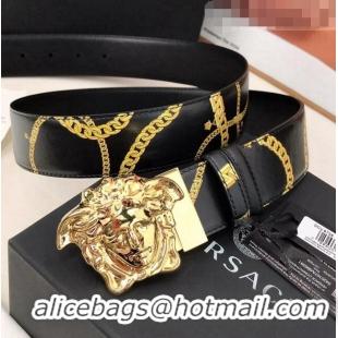 ​New Design Versace La Medusa Chain Print Calfskin Belt 4cm V1691 Black/Gold