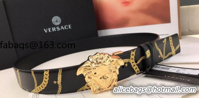 ​New Design Versace La Medusa Chain Print Calfskin Belt 4cm V1691 Black/Gold