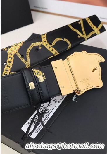 ​New Design Versace La Medusa Chain Print Calfskin Belt 4cm V1691 Black/Gold