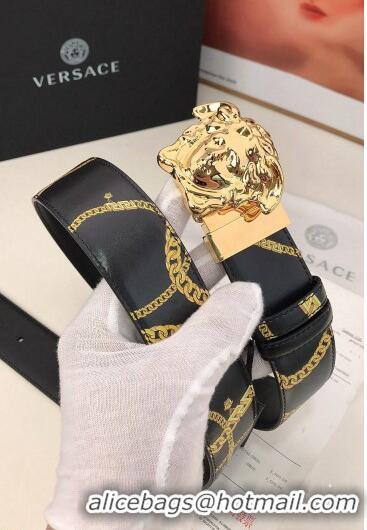 ​New Design Versace La Medusa Chain Print Calfskin Belt 4cm V1691 Black/Gold