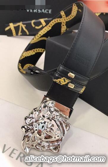 Most Popular Versace La Medusa Chain Print Calfskin Belt 4cm V1691 Black/Silver