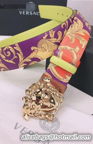 ​Popular Style Versace La Medusa Royal Rebellion Print Leather Belt 4cm with Gold Buckle V1693