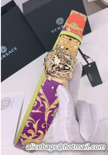 ​Popular Style Versace La Medusa Royal Rebellion Print Leather Belt 4cm with Gold Buckle V1693