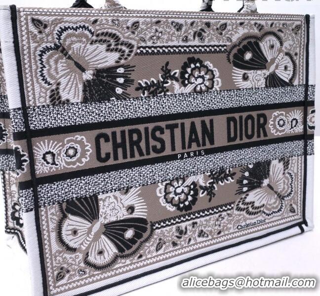 Famous Brand Dior Medium Book Tote in Beige Multicolor Butterfly Bandana Embroidery CD1328