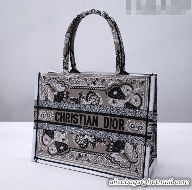 Famous Brand Dior Medium Book Tote in Beige Multicolor Butterfly Bandana Embroidery CD1328