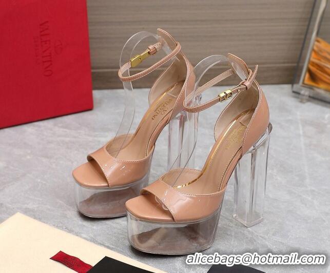 Classic Hot Valentino Tan-Go Platform Sandals 15.5cm in Patent Leather and Clear Heel Nude VLTN10161