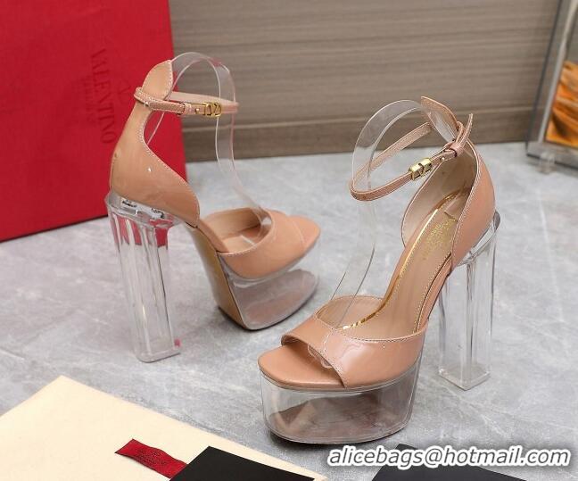 Classic Hot Valentino Tan-Go Platform Sandals 15.5cm in Patent Leather and Clear Heel Nude VLTN10161