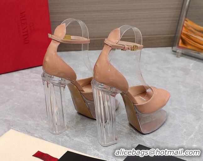 Classic Hot Valentino Tan-Go Platform Sandals 15.5cm in Patent Leather and Clear Heel Nude VLTN10161