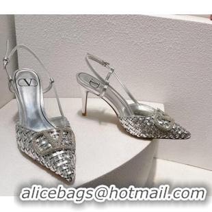 Pretty Style Valentino VLogo Slingback Pumps 7.5cm in Woven Calfskin with Crystals Silver 027025