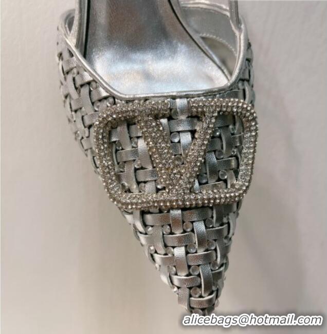 Pretty Style Valentino VLogo Slingback Pumps 7.5cm in Woven Calfskin with Crystals Silver 027025