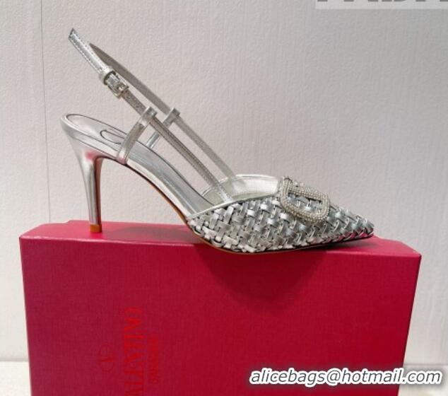 Pretty Style Valentino VLogo Slingback Pumps 7.5cm in Woven Calfskin with Crystals Silver 027025