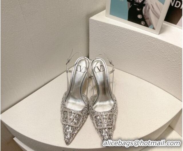 Pretty Style Valentino VLogo Slingback Pumps 7.5cm in Woven Calfskin with Crystals Silver 027025