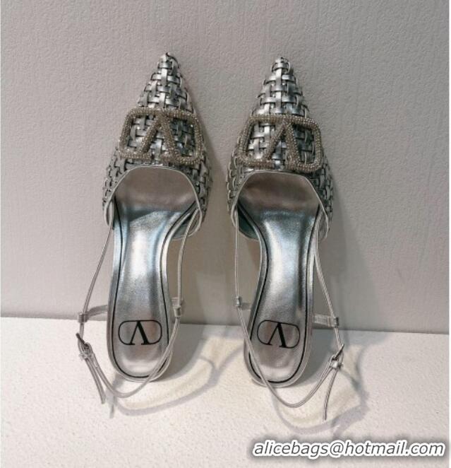 Pretty Style Valentino VLogo Slingback Pumps 7.5cm in Woven Calfskin with Crystals Silver 027025