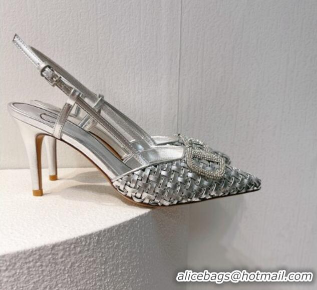 Pretty Style Valentino VLogo Slingback Pumps 7.5cm in Woven Calfskin with Crystals Silver 027025