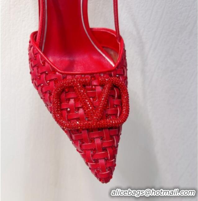 Good Looking Valentino VLogo Slingback Pumps 7.5cm in Woven Calfskin with Crystals Red 027026