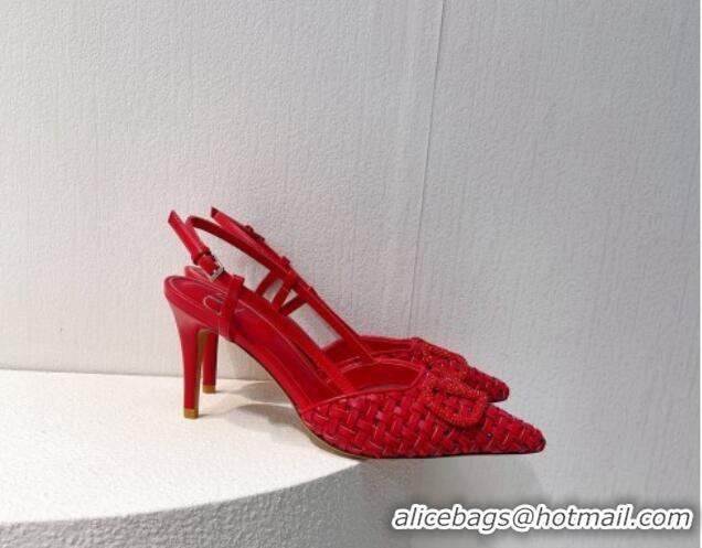 Good Looking Valentino VLogo Slingback Pumps 7.5cm in Woven Calfskin with Crystals Red 027026