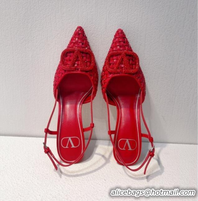 Good Looking Valentino VLogo Slingback Pumps 7.5cm in Woven Calfskin with Crystals Red 027026