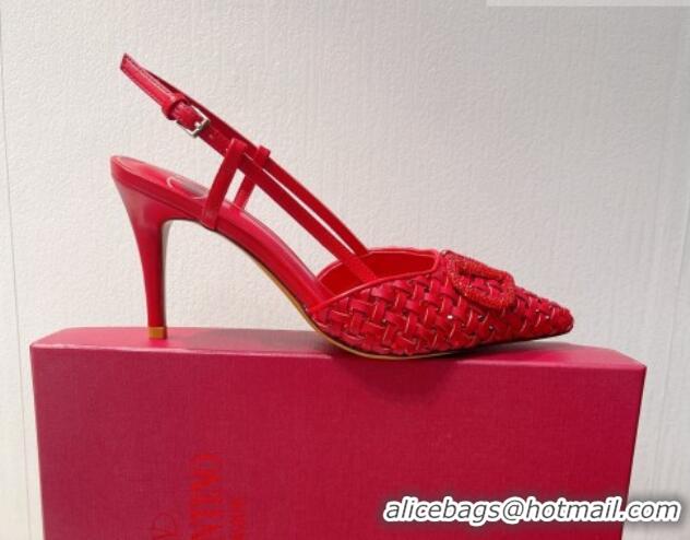 Good Looking Valentino VLogo Slingback Pumps 7.5cm in Woven Calfskin with Crystals Red 027026