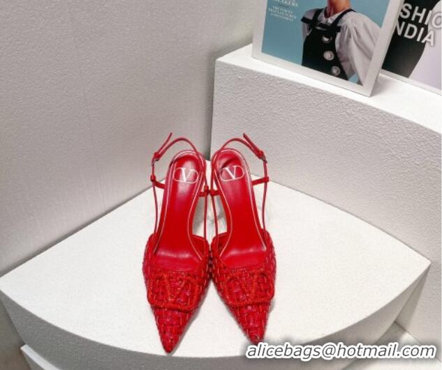 Good Looking Valentino VLogo Slingback Pumps 7.5cm in Woven Calfskin with Crystals Red 027026