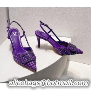 Top Design Valentino VLogo Slingback Pumps 7.5cm in Woven Calfskin with Crystals Purple 027027