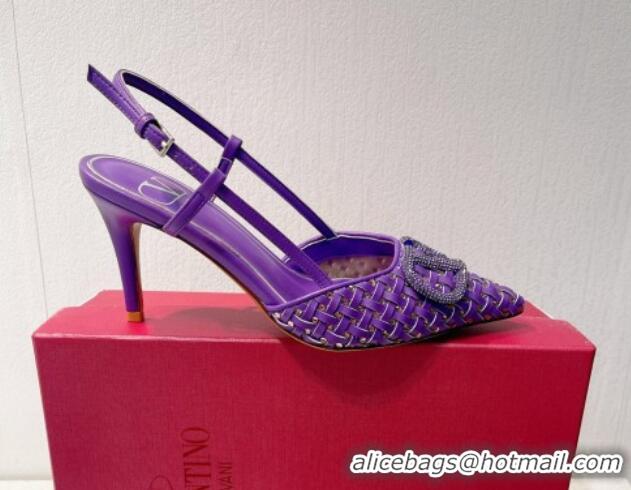 Top Design Valentino VLogo Slingback Pumps 7.5cm in Woven Calfskin with Crystals Purple 027027