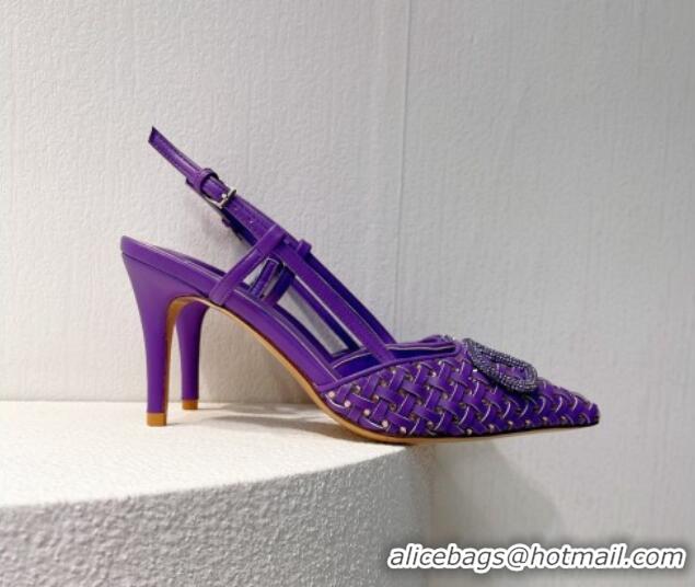 Top Design Valentino VLogo Slingback Pumps 7.5cm in Woven Calfskin with Crystals Purple 027027