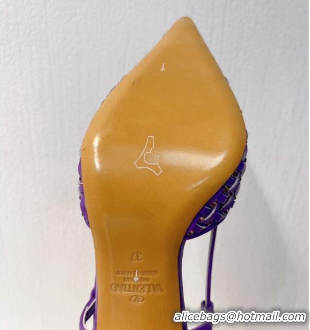 Top Design Valentino VLogo Slingback Pumps 7.5cm in Woven Calfskin with Crystals Purple 027027