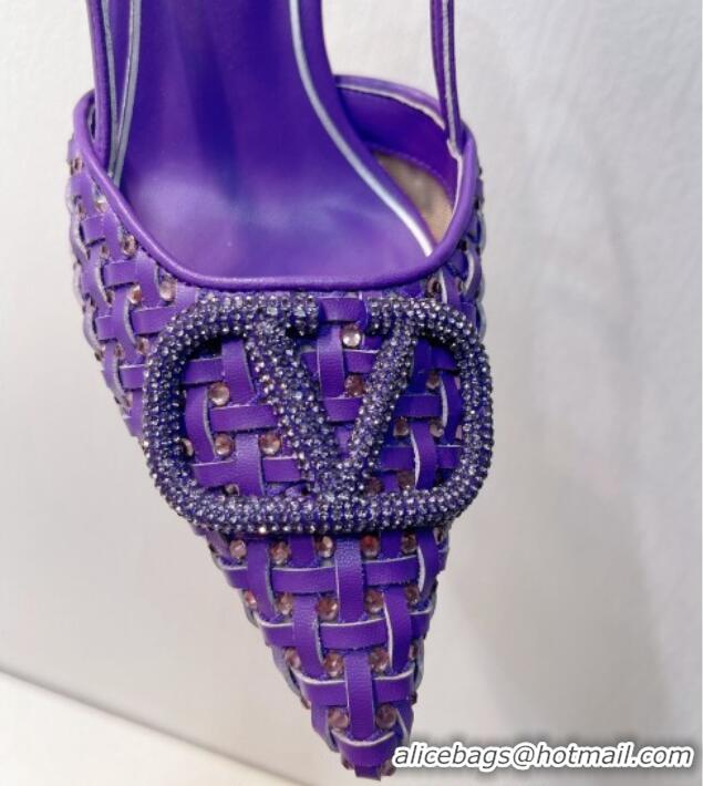 Top Design Valentino VLogo Slingback Pumps 7.5cm in Woven Calfskin with Crystals Purple 027027