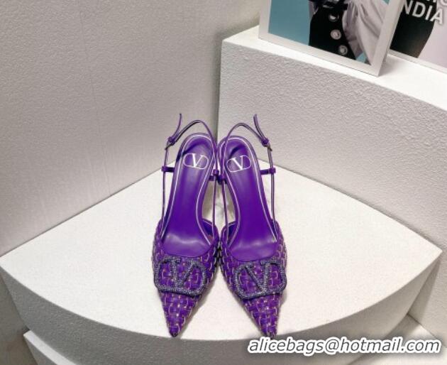 Top Design Valentino VLogo Slingback Pumps 7.5cm in Woven Calfskin with Crystals Purple 027027