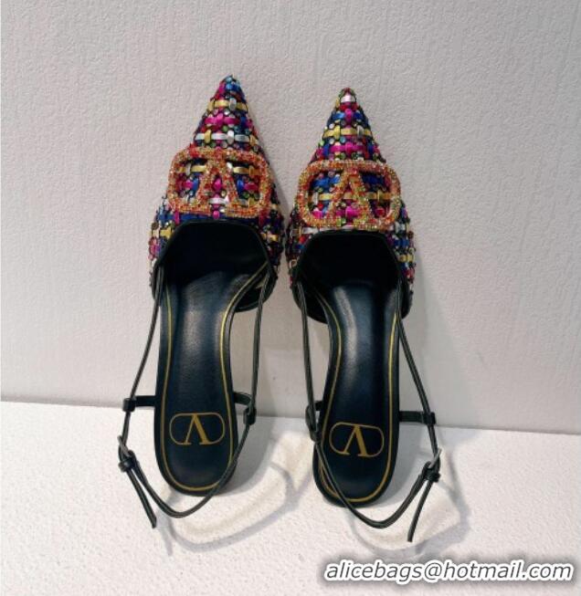 Top Grade Valentino VLogo Slingback Pumps 7.5cm in Woven Calfskin with Crystals Multicolor 027028