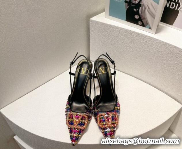 Top Grade Valentino VLogo Slingback Pumps 7.5cm in Woven Calfskin with Crystals Multicolor 027028