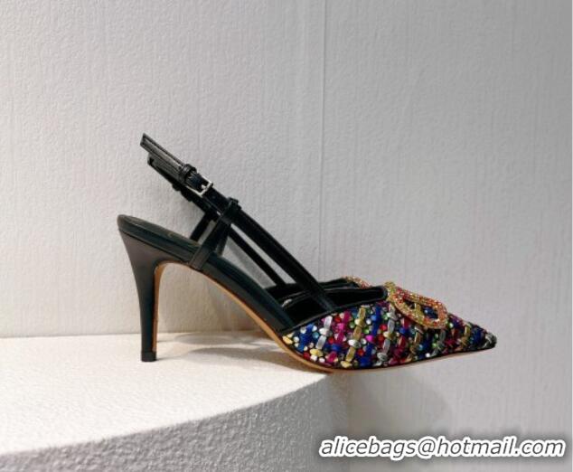 Top Grade Valentino VLogo Slingback Pumps 7.5cm in Woven Calfskin with Crystals Multicolor 027028