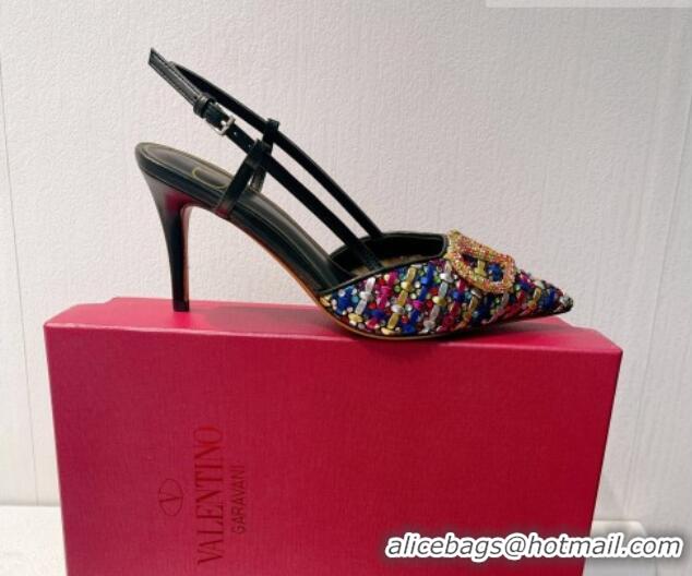 Top Grade Valentino VLogo Slingback Pumps 7.5cm in Woven Calfskin with Crystals Multicolor 027028