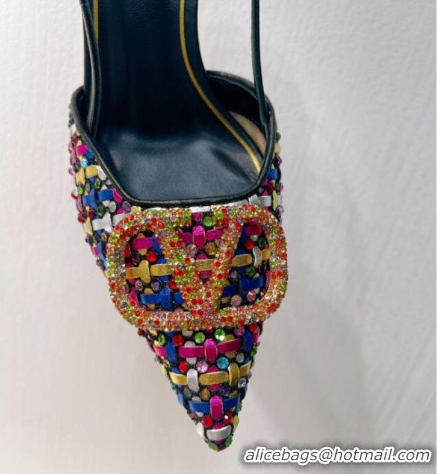 Top Grade Valentino VLogo Slingback Pumps 7.5cm in Woven Calfskin with Crystals Multicolor 027028