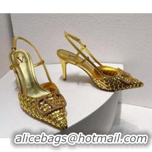 Shop Duplicate Valentino VLogo Slingback Pumps 7.5cm in Woven Calfskin with Crystals Gold 027029