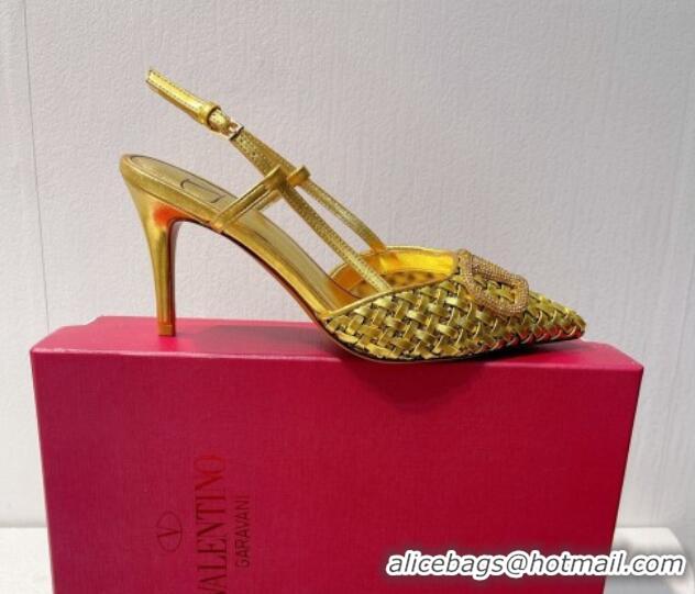 Shop Duplicate Valentino VLogo Slingback Pumps 7.5cm in Woven Calfskin with Crystals Gold 027029