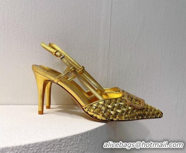 Shop Duplicate Valentino VLogo Slingback Pumps 7.5cm in Woven Calfskin with Crystals Gold 027029